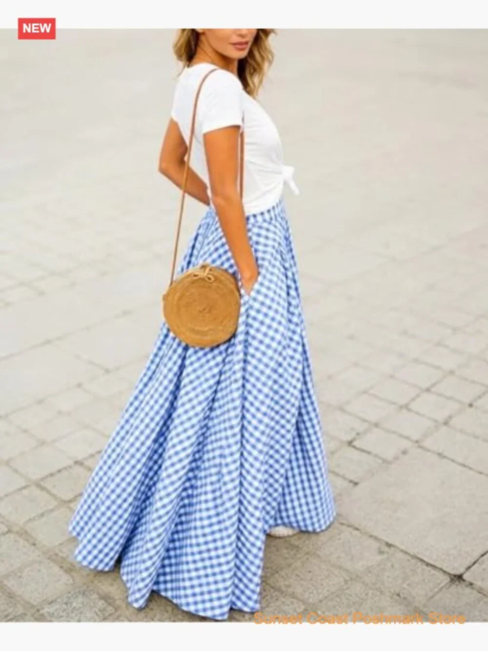 Gingham Maxi Skirt High Waist Pleated A Line Flowy Long Summer - Picture 6 of 7